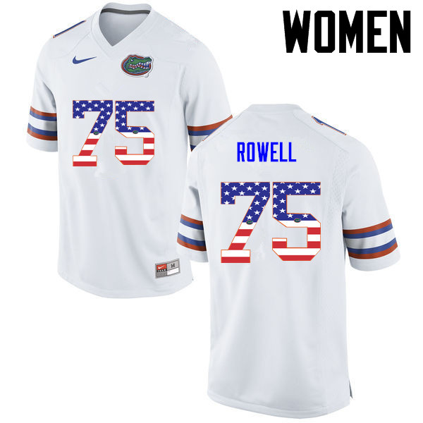 Women Florida Gators #75 Tanner Rowell College Football USA Flag Fashion Jerseys-White - Click Image to Close